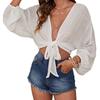 Fashion Casual Summer Women Beach Shirt Solid Color V Neck Solid Color Simple Crop Tops Elegant Ladies Tie Up Cardigans Streetwear Blouse Clothing