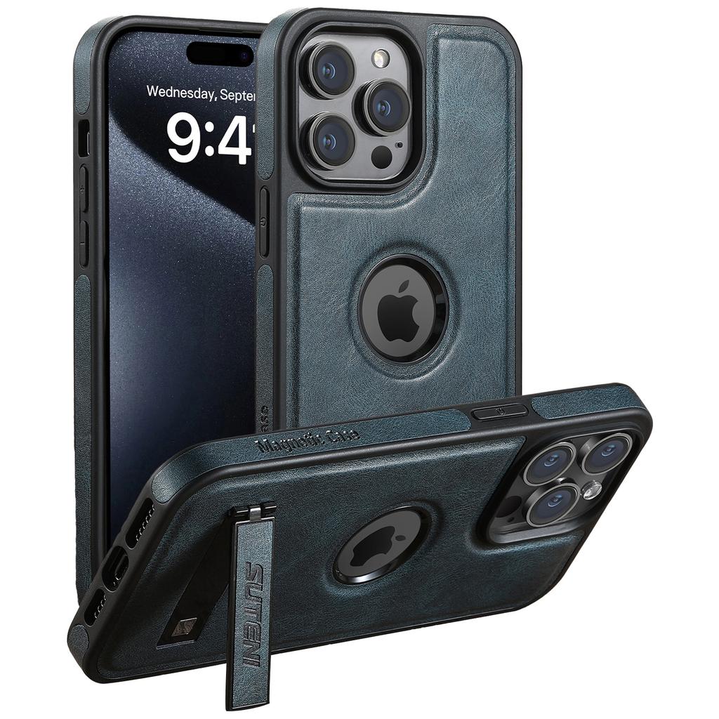 SUTENI G2 For iPhone 15 Pro Magnetic Case Litchi Texture Leather+TPU Cover with Kickstand