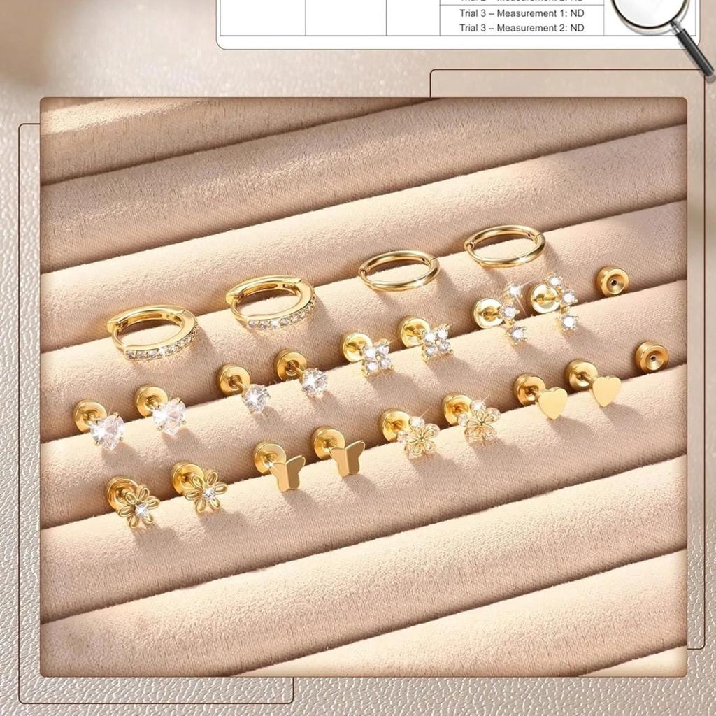 Bobisty Surgical Steel Flat Back Earrings for Women 14K Gold Plated Heart Flower Stud Earring Set Hoop Cartilage Earring Stack