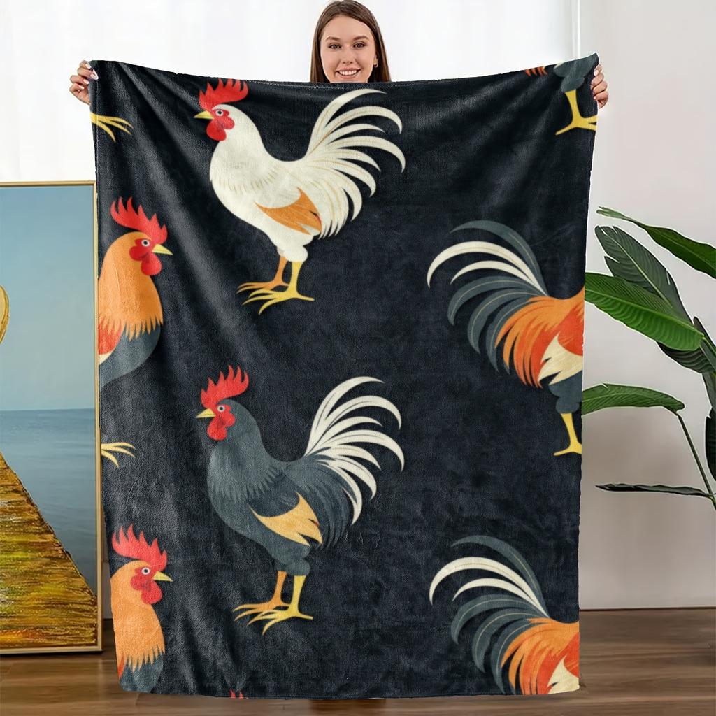 Chicken-Themed Flannel Blanket - Soft, Breathable Polyester with Vibrant Rooster & Hen Design, Perfect for All Seasons,