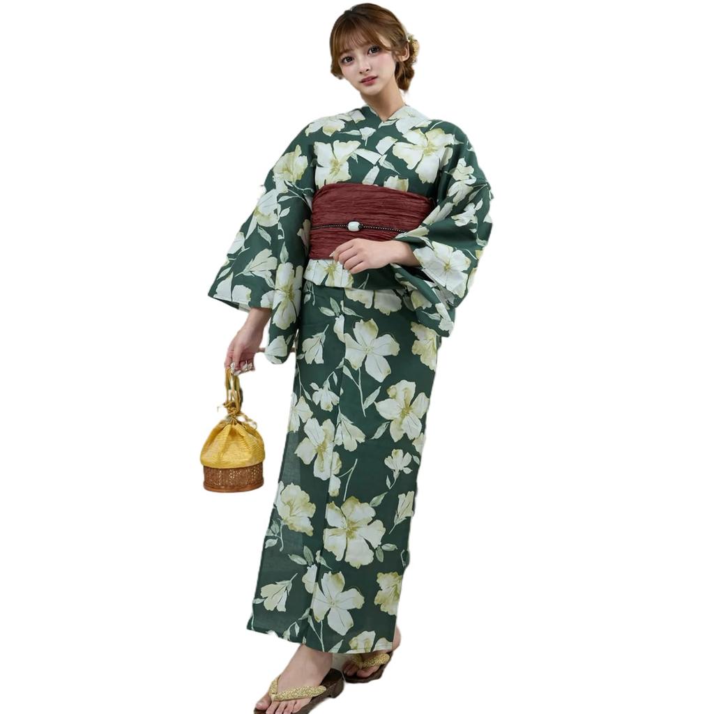 RAVIR Yukata Deep Beige with Floral Classic Japanese Fluffy Obi and Geta One Size Fits All Women's 3-Piece Set, Print, Style, Belt, Sandals, Green,