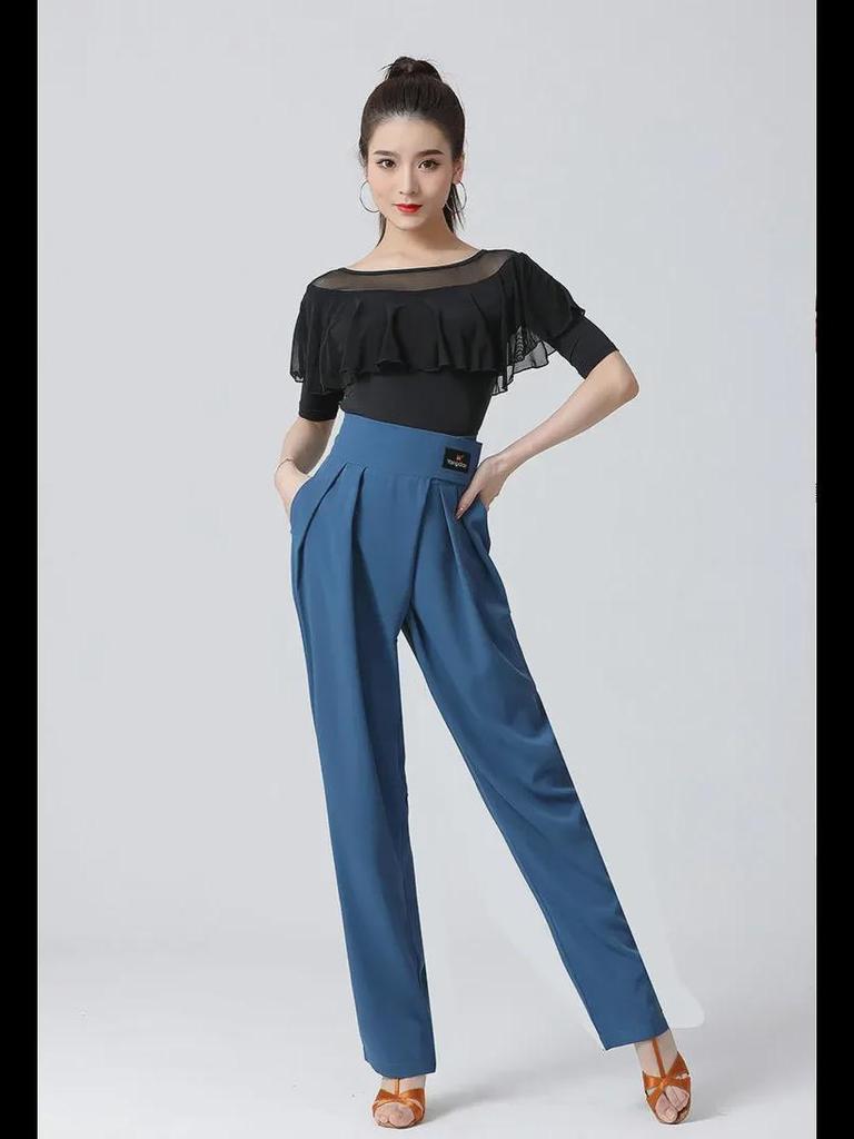 Dámské moderní taneční kalhoty s vysokým pasem – volný společenský a latinský styl