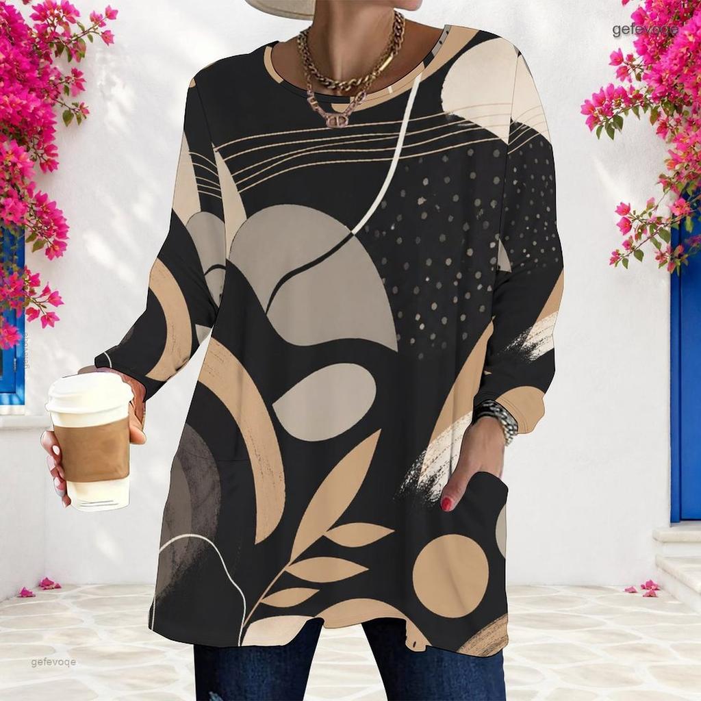 Women Plus Size Round Neck Long Sleeve Abstract Printed Loose Fit Longline T Shirt With Pockets