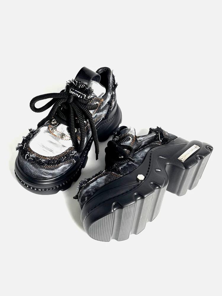 Fashion Women's Punk Style Leather Shoes Lace-up Heel Height 8CM Platform Female Gothic Ankle Boots PU Biker Boots Thick Bottom Sneakers