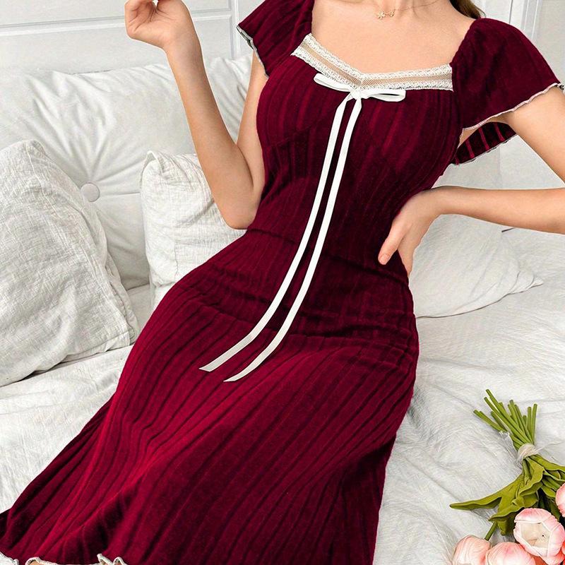 Ruffle Bow Short Sleeve Nightdress – Casual, Elegant Home Wear for Inside and Out