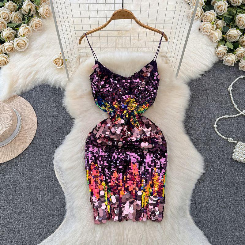 

Сексуальное платье на подтяжках Женское летнее Доступная роскошь Тяжелая вышивка Пайетки Юбка Сексуальное открытое платье с блестками в обтяжку Purple L