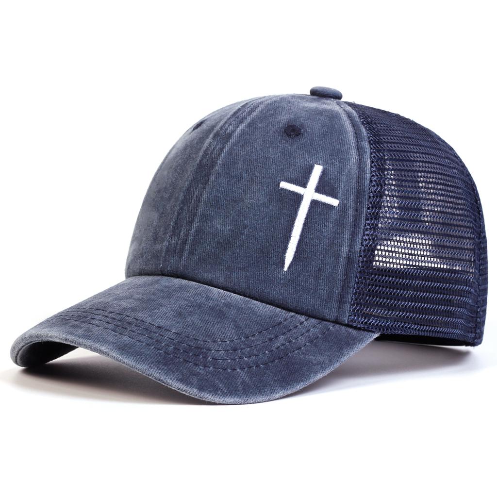 Unisex Cross Embroidery Washed Baseball Net Caps Spring and Summer Outdoor Adjustable Casual Hats Sunscreen Hat