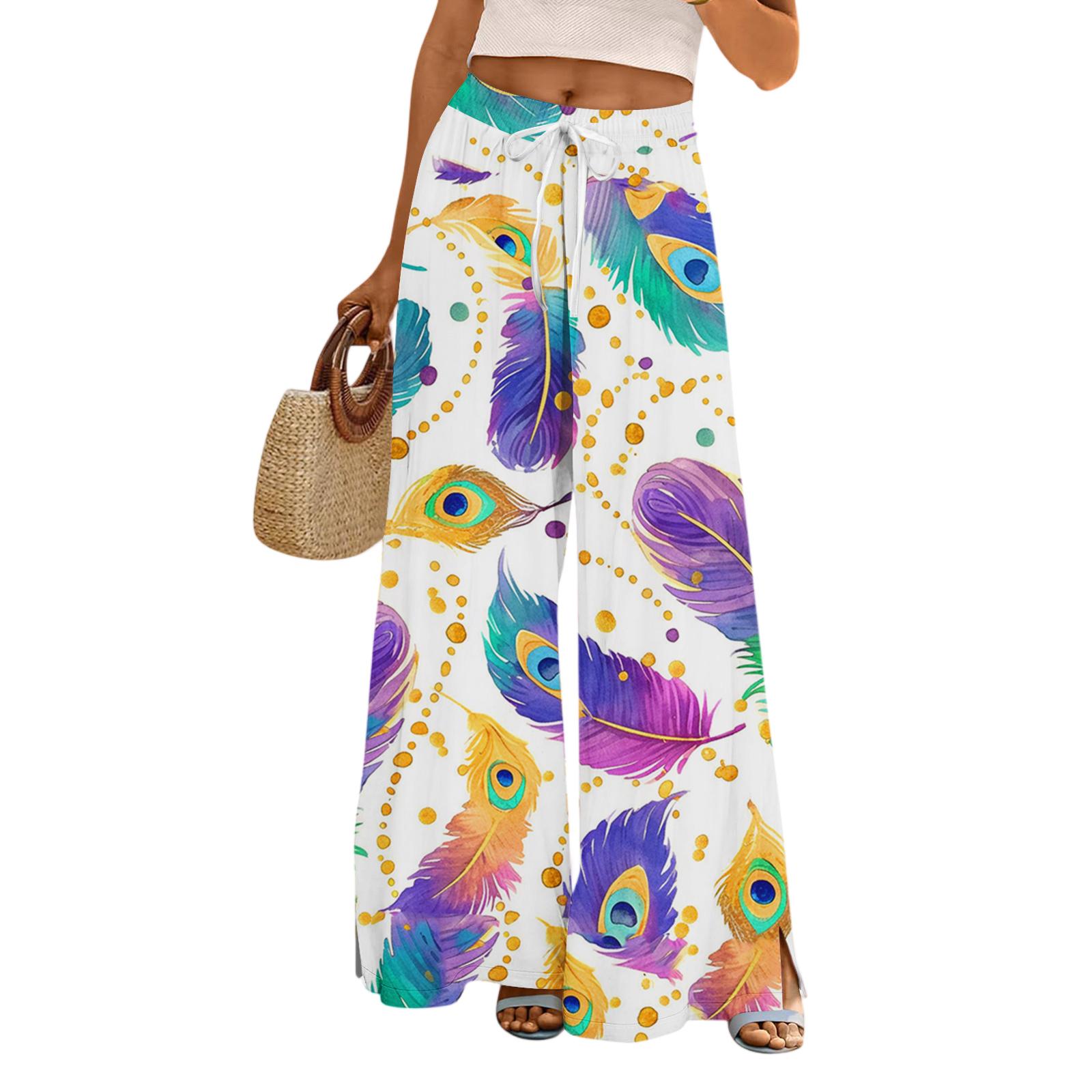 

Ladies Loose And Casual Printed Wide Leg Pants With Elastic Waistband Drawstring And Pocket Pants XXL білий