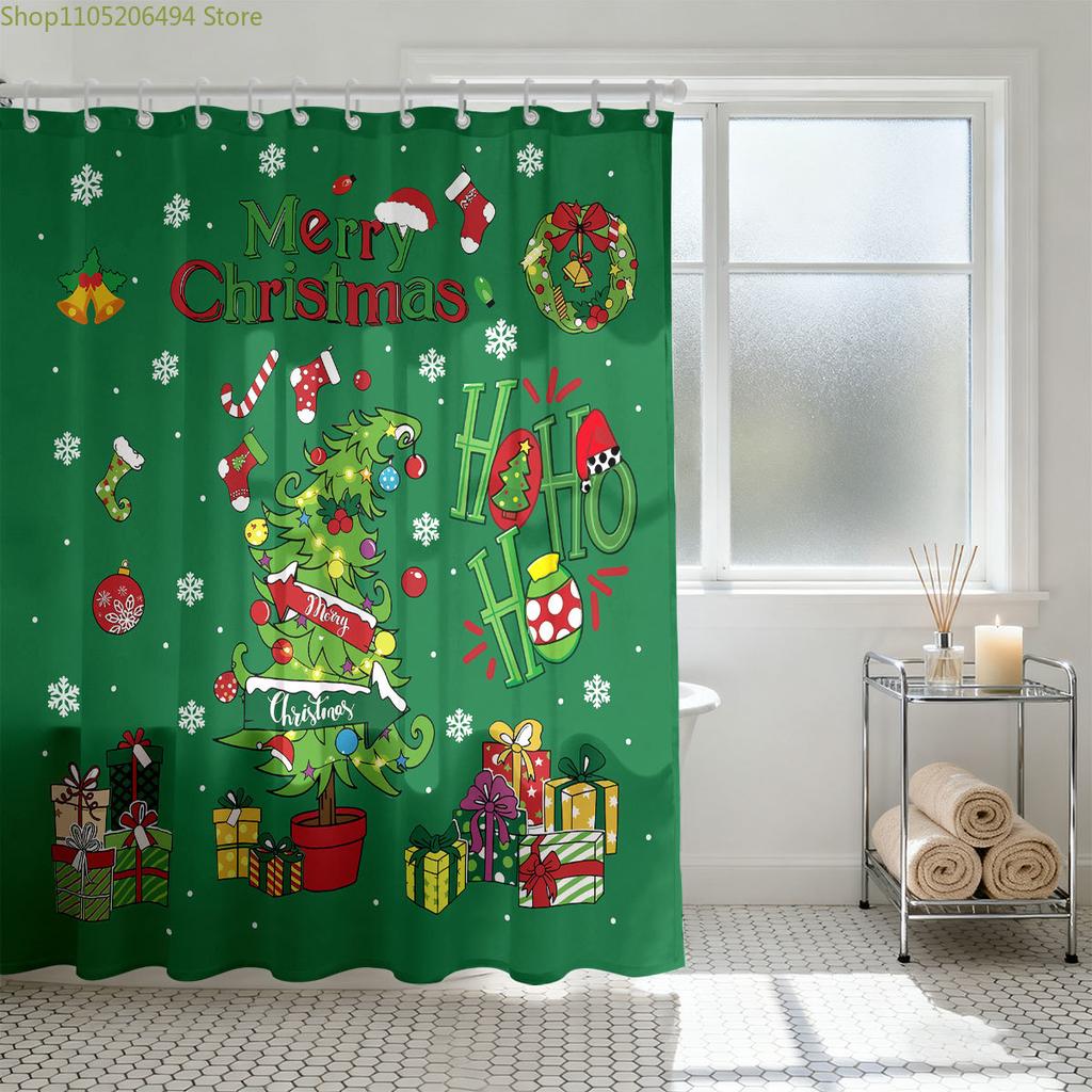 1pc Merry Christmas Green Printed Waterproof Shower Curtain with 12 Hooks, Available In Multiple Sizes and Machine Washable