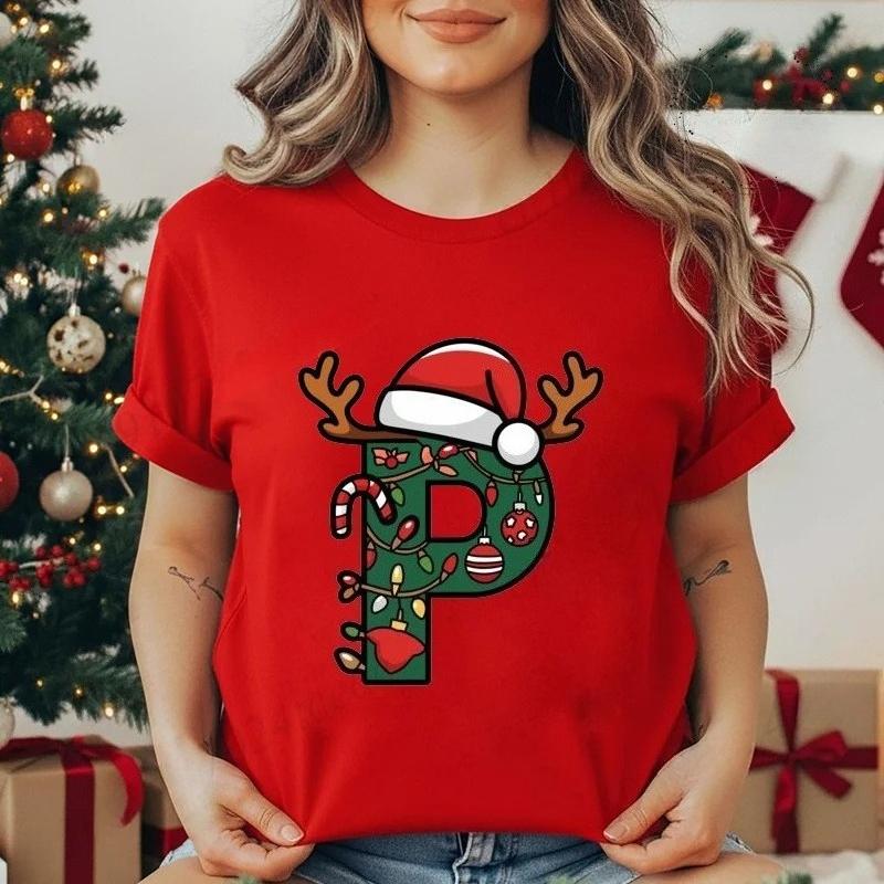 Festive Christmas Alphabet Letter Santa Hat Print Tshirt for Women Fashion T Shirt Streetwear Female Clothes Casual clothing