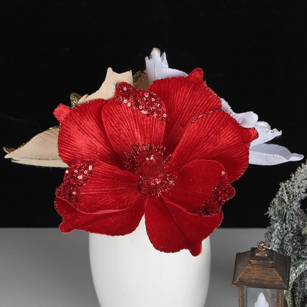 New 22cm Christmas Flowers DIY Fake Flowers Poinsettia Glitter Flower Merry Christmas Wedding Decor Xmas Tree Decorations