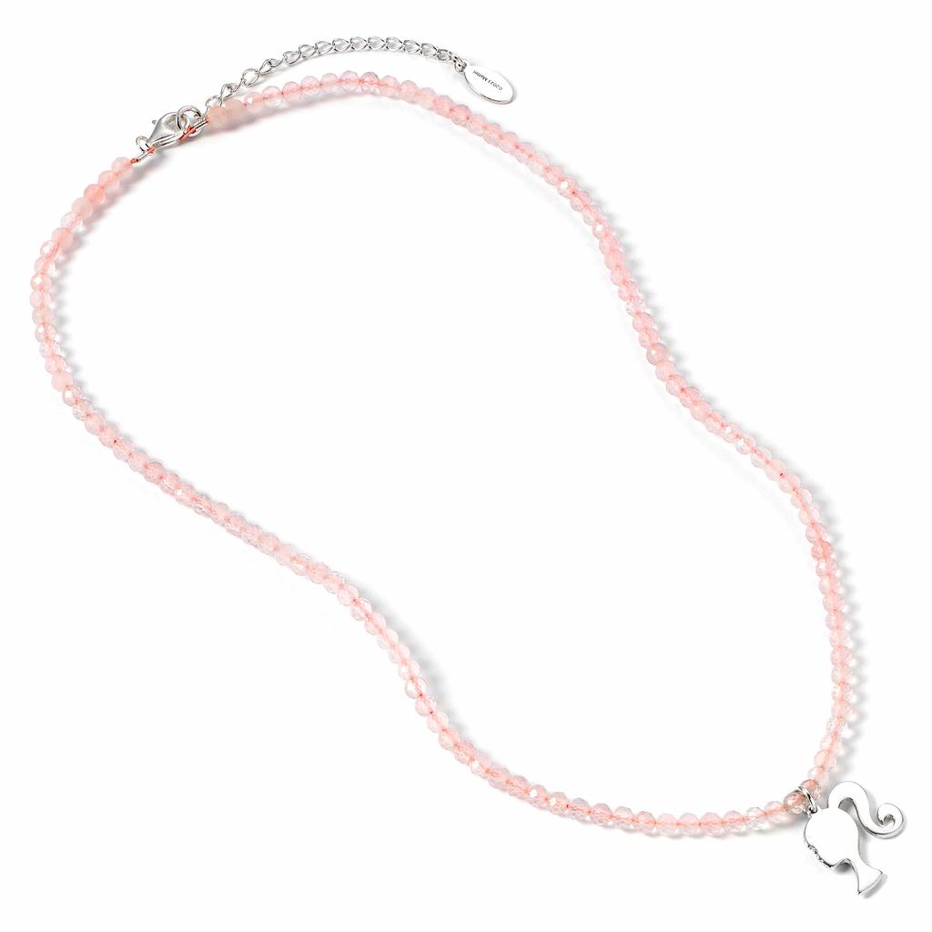 barbie Sterling Silver Silhouette Charm On a Rose Quartz Bead Necklace