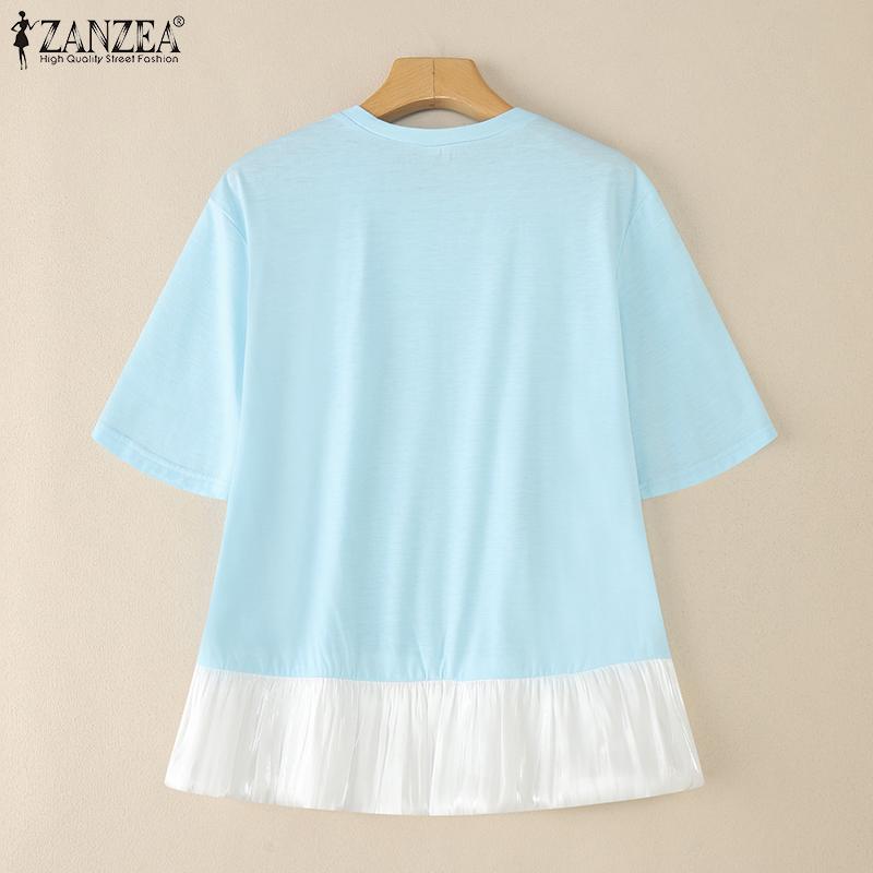 ZANZEA Women Casual Round Neck Short Sleeve Loose Patchwork Blouse