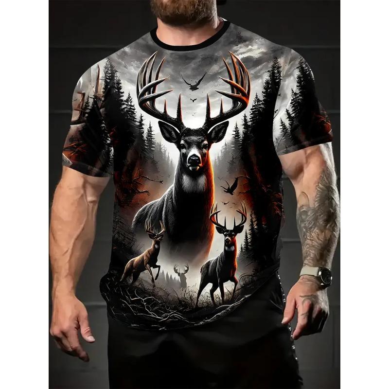 

Men s Deer Print T-shirt Sports Short Sleeved Crew Neck T-shirt for Summer Outdoor Fitness Workout Men s Clothing XS