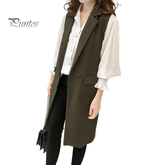 

Осень-весна женский жилет с отложным воротником двубортный свободный без рукавов до колена карманы кардиган сплошной цвет повседневная одежда жилет пальто XL армия зеленый