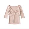 Deep V-Neck Kink Medium Sleeve T-Shirt Women's Summer New American Spice Girl Style Solid Color Slim Skinny Bottom Top
