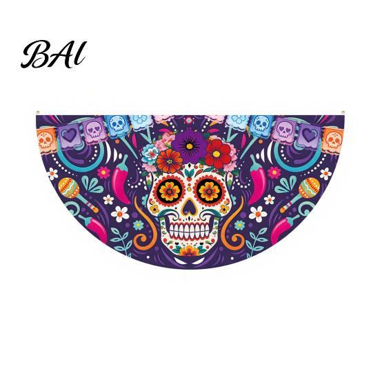 Sugar Skull Fan Flag Day of The Dead Bunting Banner, Marigold Print Fiesta Mexican Festival Home Ornament Hanging Flag, Colorful Outdoor Yard