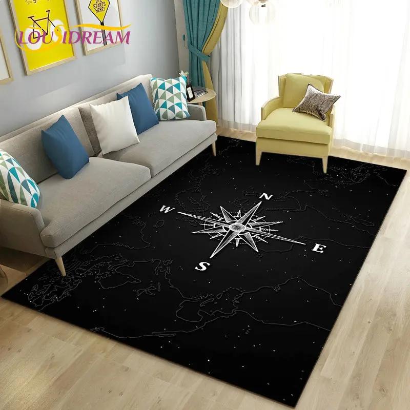 Alfombra retro con diseño de mapa del mundo vintage y brújula, para sala de estar, dormitorio, sofá, decoración, alfombra antideslizante para el suelo