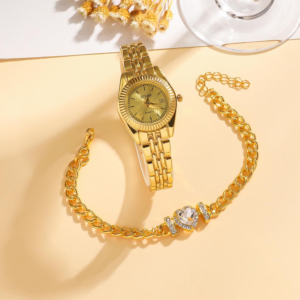 2-piece Set of No Gift Box Log Series Disc with Calendar, Quartz Fashion Steel Strip, Watch with Bracelet