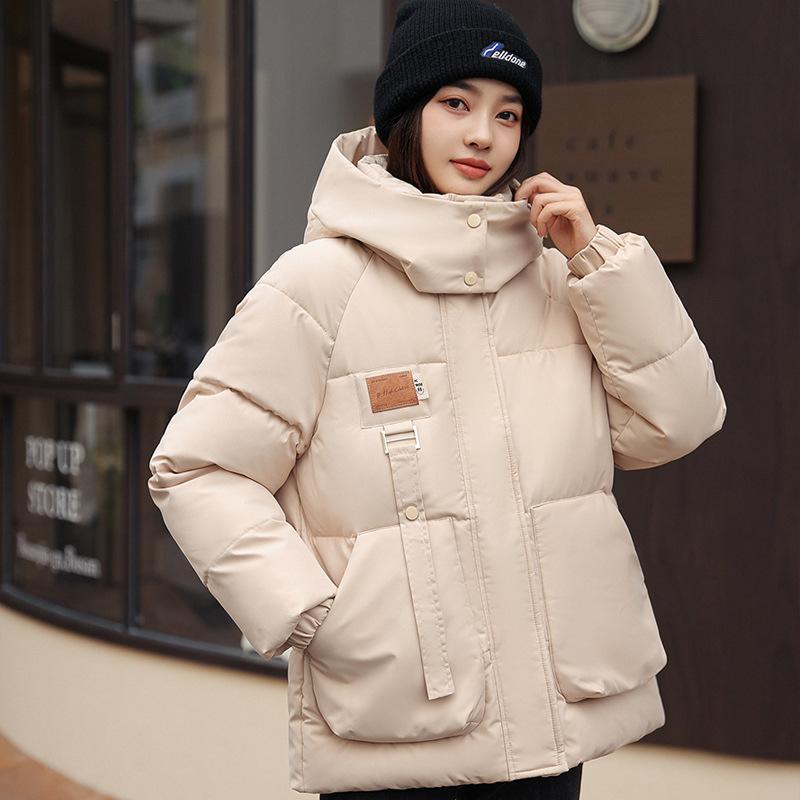 

Women s loose down cotton hooded cotton clothes cloth stickers thin bread clothes three-dimensional pocket jacket M белый