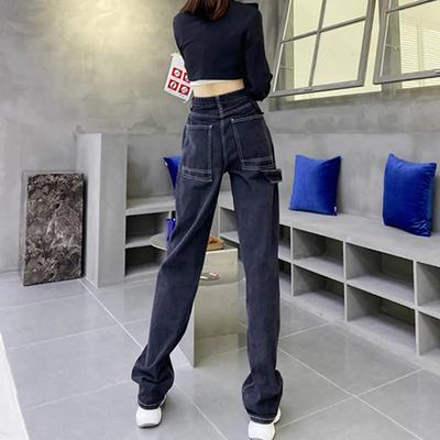 Calça jeans preta reta com corte reto para mulheres, design de primavera, cintura alta e calças largas finas e soltas, calça de esfregão Ins Tide