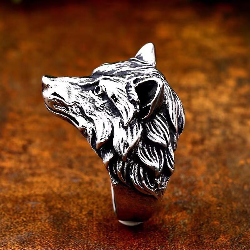 Anello Testa di Lupo Vintage Uomo Donna Fascia Aperta Regolabile Argento Sterling Retro Punk Hip Hop Gioiello Statement