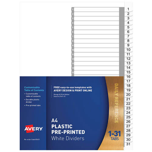 Avery Plastic Pre-printed Dividers A4 (White) (1-31 Tab)