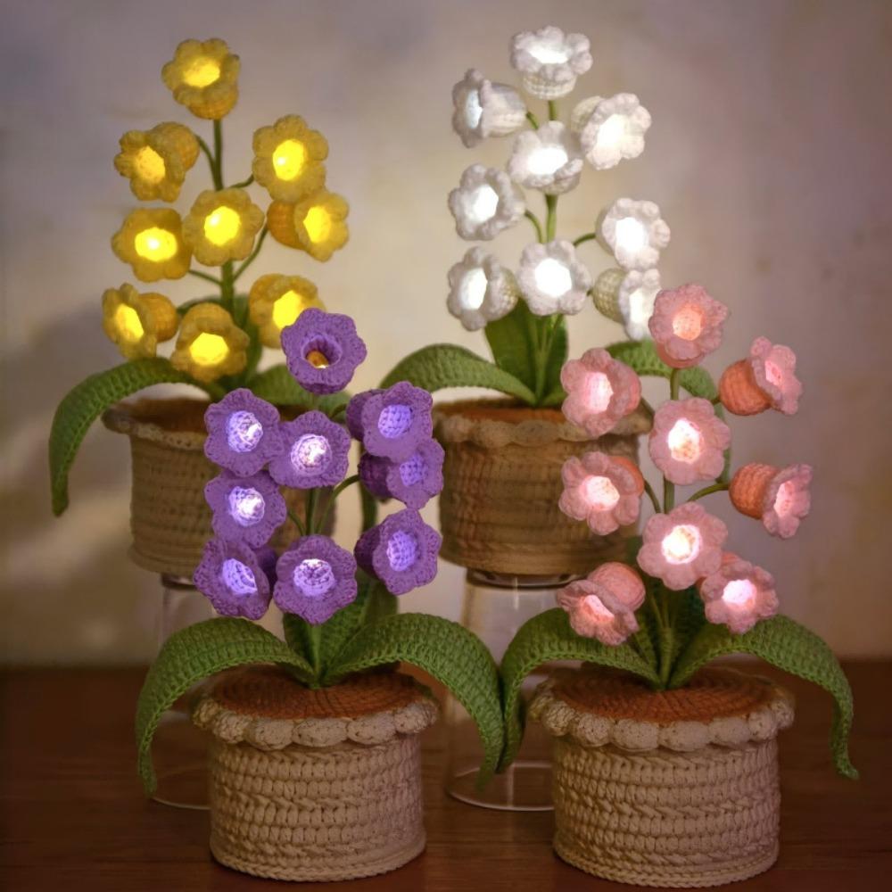 Romantic Knitting Wool Lily of The Valley Lamp Artificial Flowers 9 Glowing LED Decorative Lamp Crochet Artificial Flowers Gift