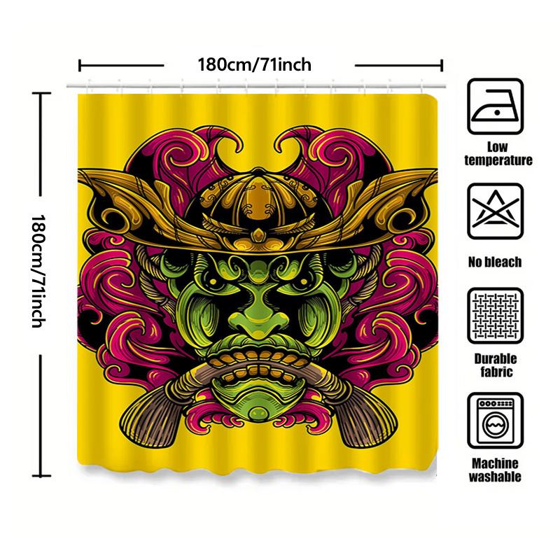 Tuniu Samurai Warrior Japanese Mask Shower Curtain Room Decor Wall Hanging Art Print Red Pink Decorative Curtain