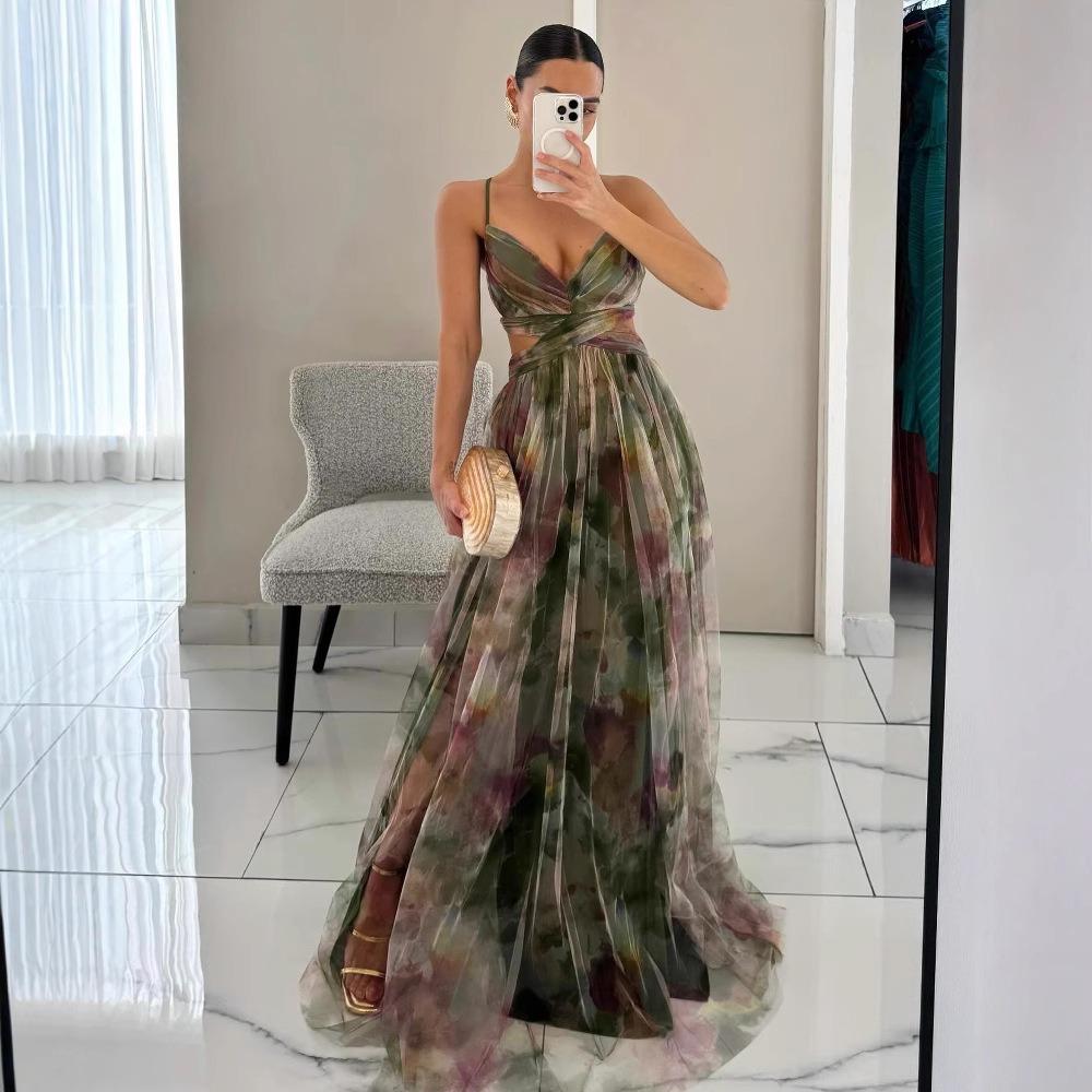 Popular Dress Mesh Printed Suspender Dress INS Vacation Party Dress Summer