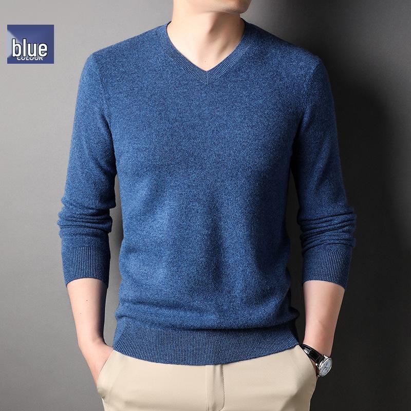 Men's High-End All-Wool Round Neck Sweater - Pure Color Knitwear for Autumn and Winter