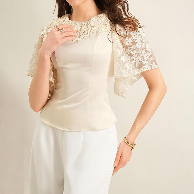 

Women s Fashion Casual Summer Spring Lace Print Short Sleeve O-Neck Blouses & Shirts S абрикосовый