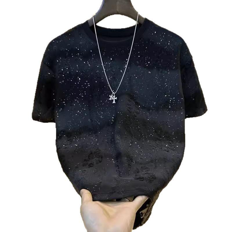 Men's Trendy Sequin Gradient Star T-Shirt - Light Luxury Korean Style, Short-Sleeve, Round Neck, Ripped Design