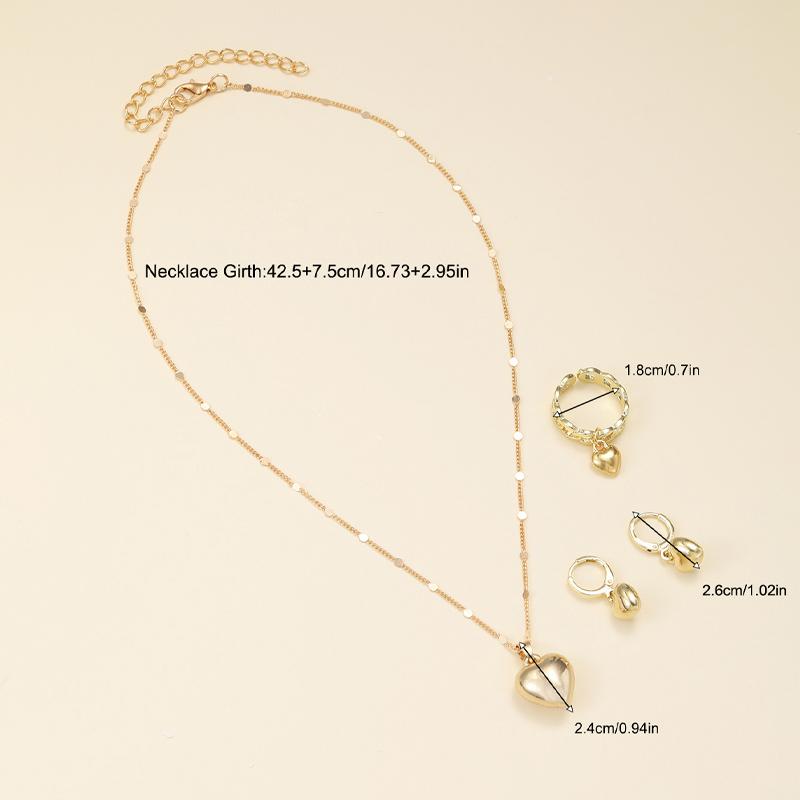 4 bucăți lucioase placate cu aur metal dragoste inimă cercei colier inel bijuterii set pentru femei cadouri simple delicate de purtare zilnică