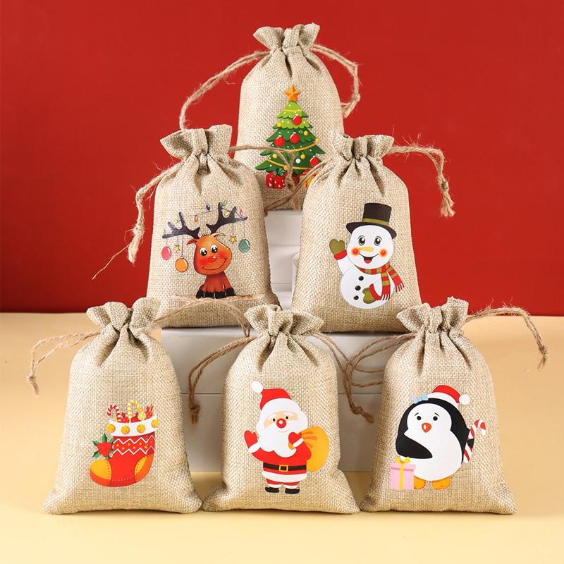 6pcs Linen Cotton Gifts Candy Bag Merry Christmas Decor For Home 2026 Xmas Navidad Natal Noel Gifts New Year 2026 Packing Bag