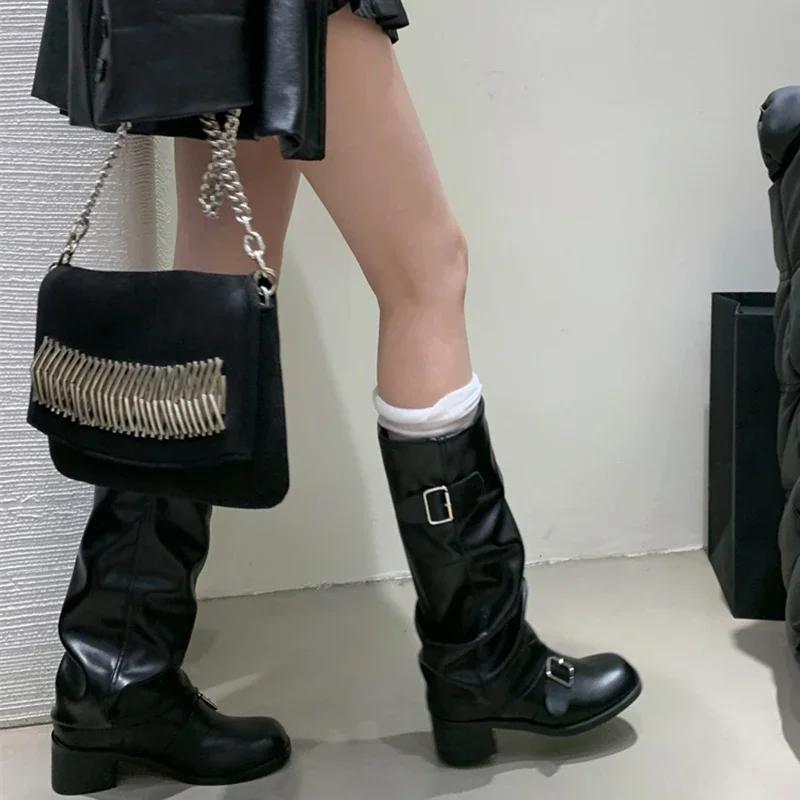 fashion Winter Punk Style Women Knee High Boots Fashion Belt Buckle Knight Long Booties Designer Thick Heels Botas De Mujer