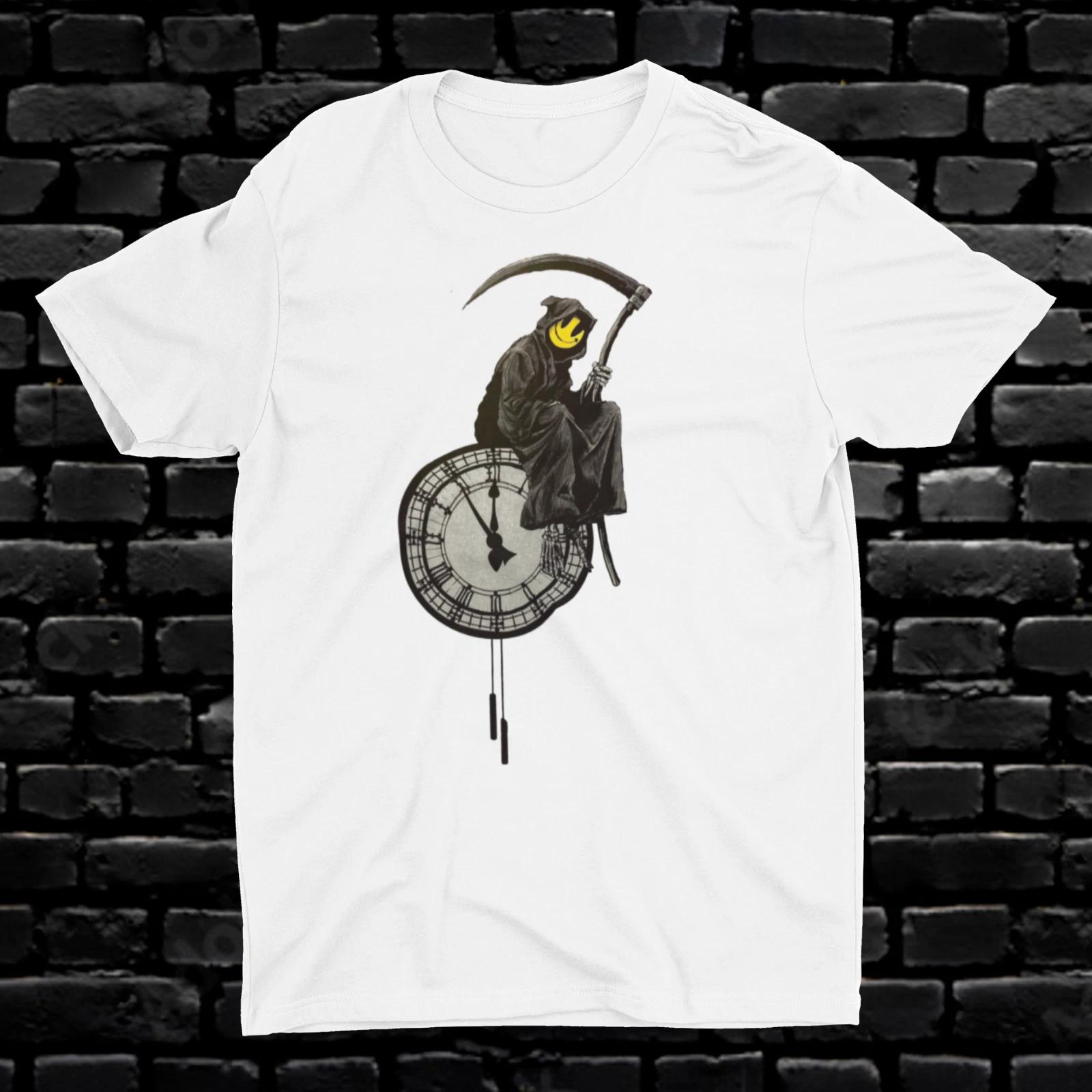 Banksy Grim Reaper Clock Street Art Printed Cotton Unisex T-Shirt Top 160