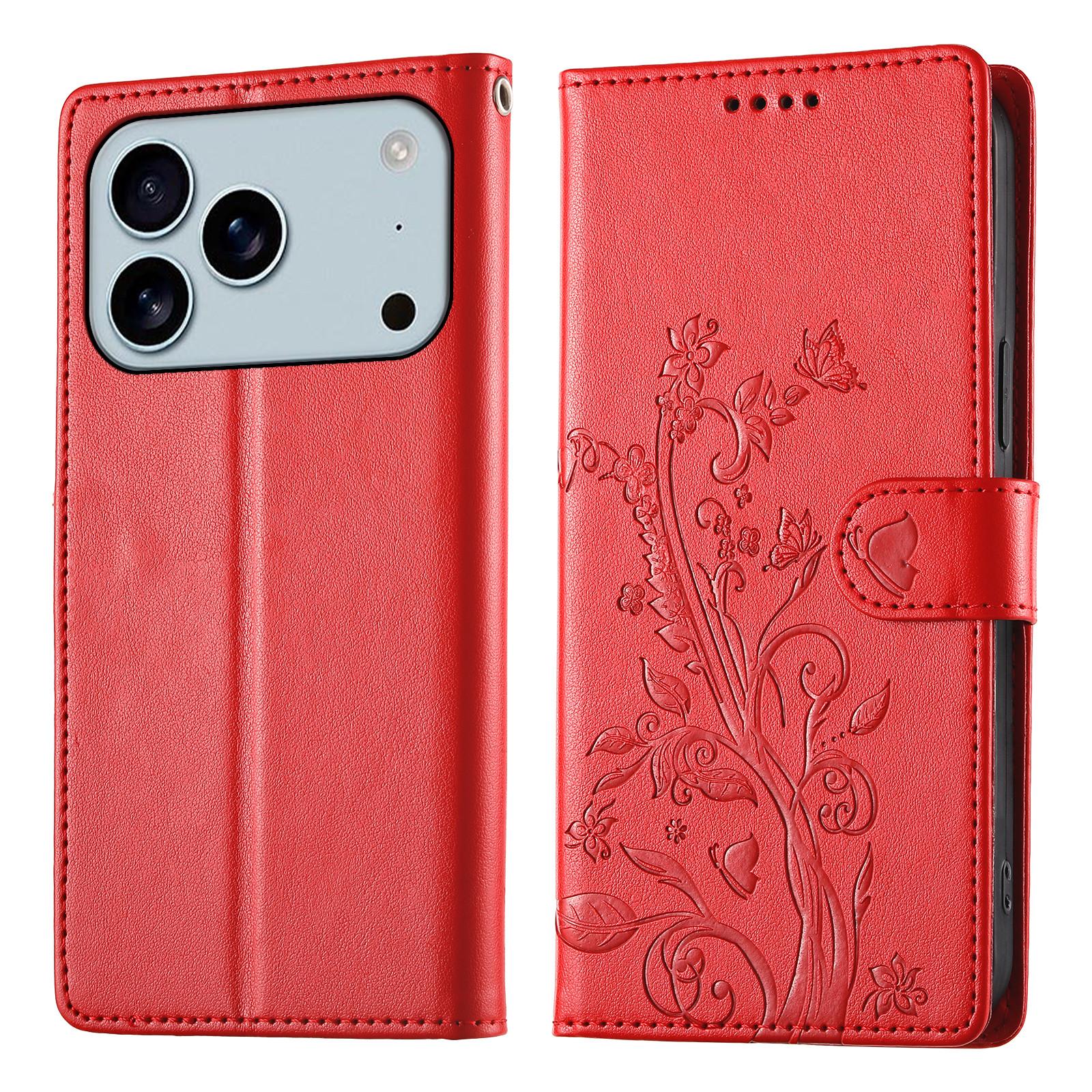 

Чехол-кошелек для iPhone 17 Pro Max с цветочным тиснением в виде бабочки, из искусственной кожи, чехол для телефона с ремешком на запястье Red