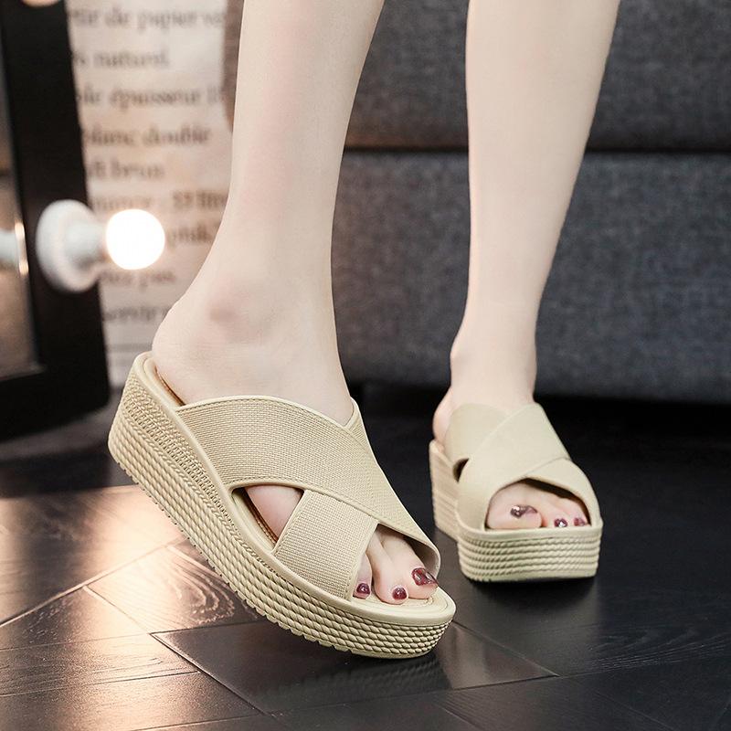 Fashion New Style Slope Heel Slippers Women's Summer Casual High Heel Sandals Female Anti Slip Plastic Beach Thick Sole Sandals Womens