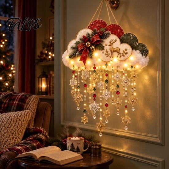 Vintage Christmas Lanterns Lighted Snowfall Cloud, Cascading Snowflake Light with Reindeer/Angel, Party Supplies LED Holiday Hanging Lantern for Home