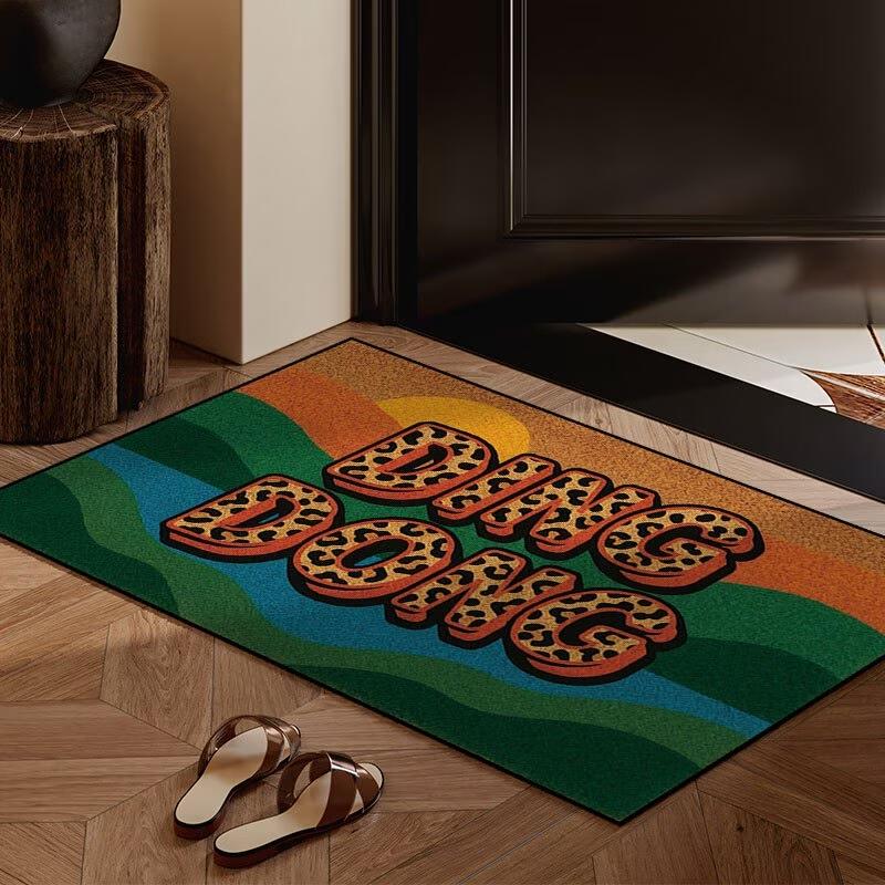 Retro Letter Floor Mat Ding‑Dong Leopard Print Wave Sunset Pattern Anti‑Slip Washable Doormat Entryway Porch Home Decor