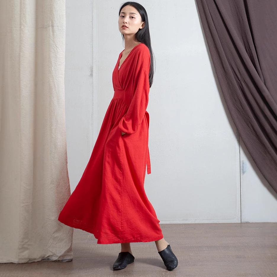 Women's Washed Bamboo Linen Chinese-Style Dress with Waist Seal, Available In 3 Colors