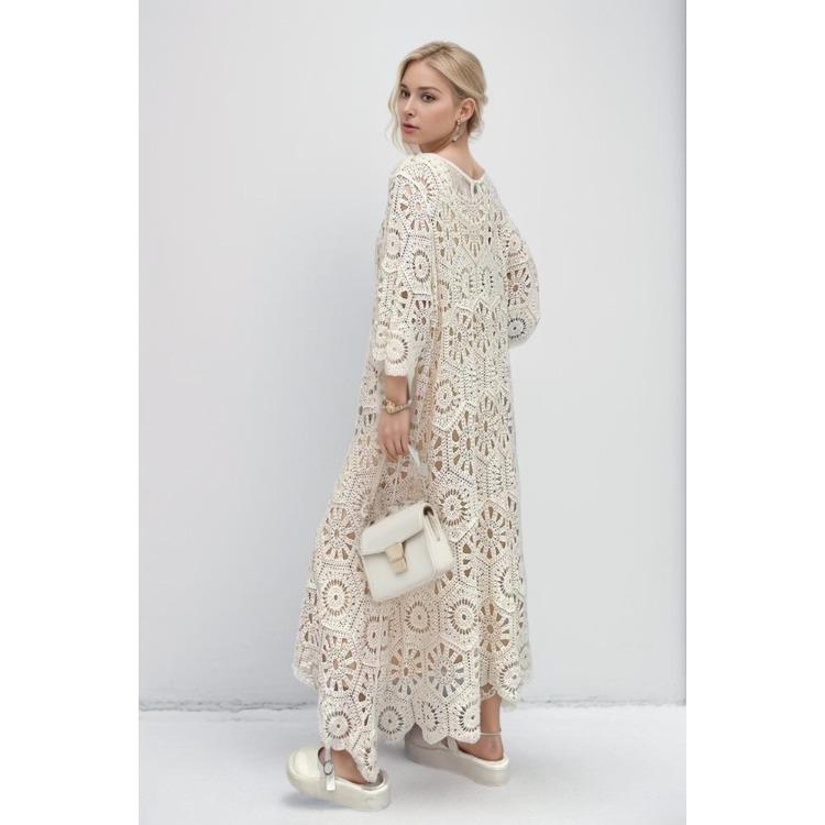 Neues Damen Sommer Casual Locker Basic Mode Langarm Spitze Gestrickt Weiß Dimanaf Kleid