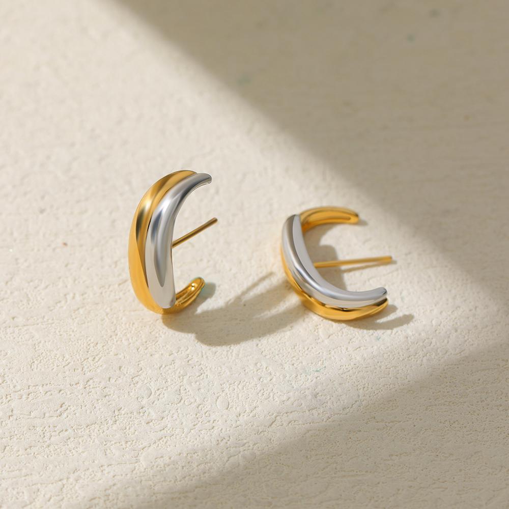 Gold Sliver Color Irregular C-shape Stud Earrings Stainless Steel Bicolor Geometric Waterproof Fashion Jewelry Party Gift Women