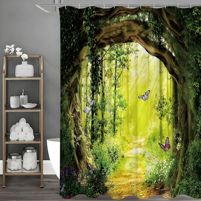 Forest Tree Butterfly Shower Curtain, Bathroom Decorative Shower Curtain, Waterproof Shower Curtain with Hooks