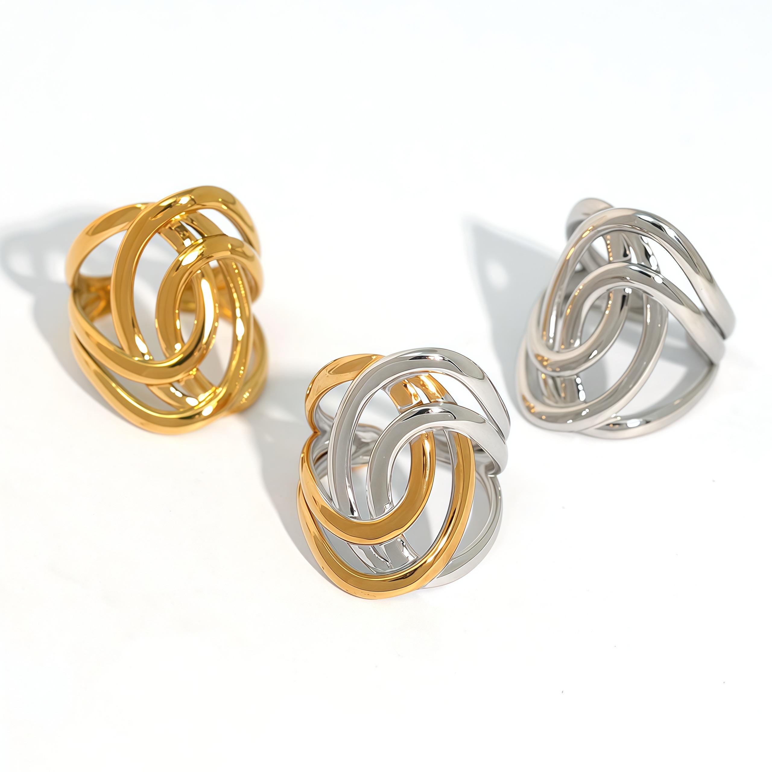 

Stainless Steel Geometric Hollow Layered Wide Ring Metal Texture Waterproof Daily Simple Stylish Golden Zircon for Women