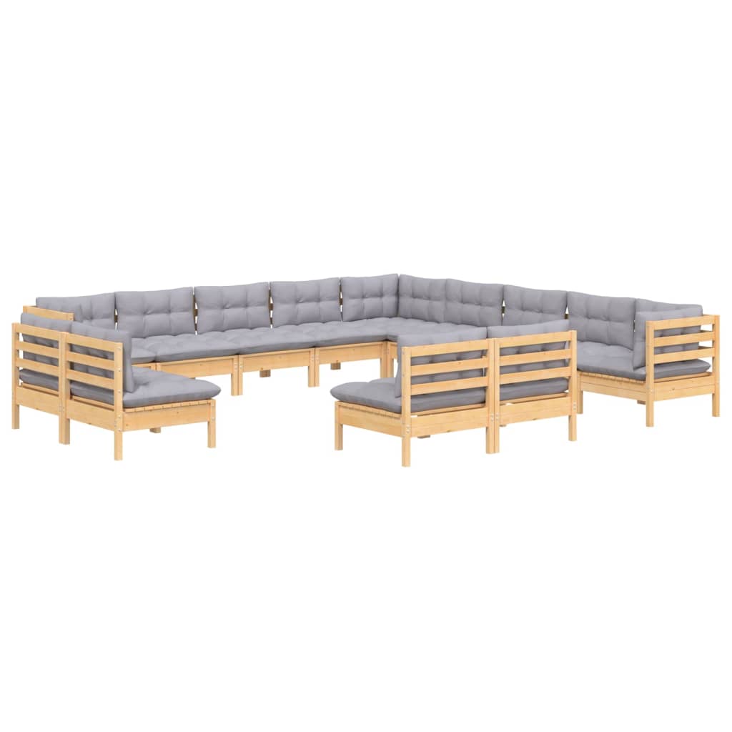 13 piece Garden Lounge Set with Grey Cushions Solid Pine Wood