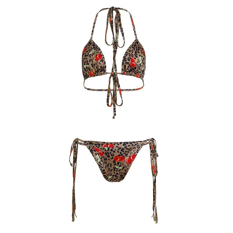 Leopard  Cherry Print Strappy Bikini - Sexy Two-Piece Beachwear S коричневый