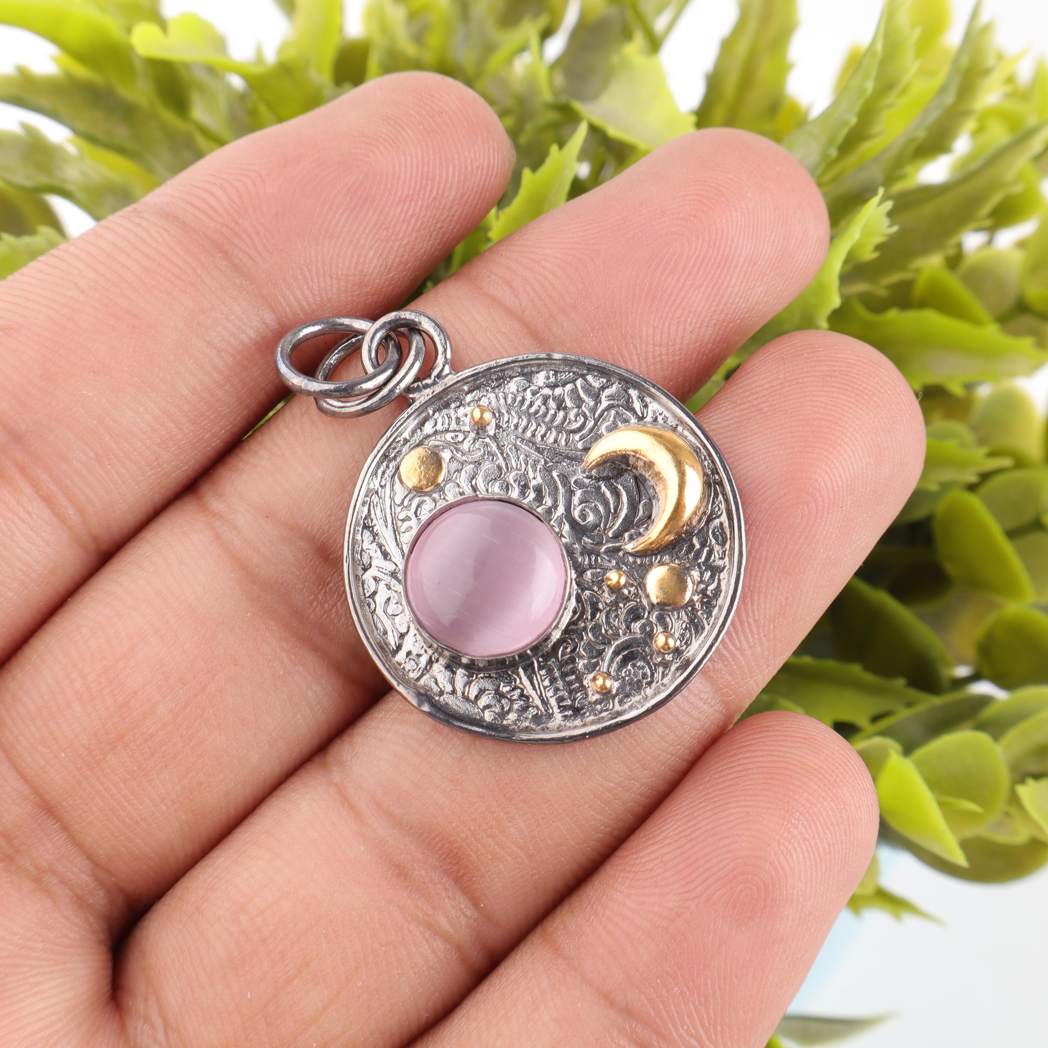 

Подвеска из розового кошачьего глаза, серебряная подвеска 925 пробы, подвеска ручной работы с драгоценными камнями на День памяти 1.30 Inches розовый