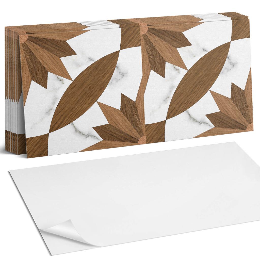 Komplet Kafelków Pcv Z Dekorem Do Kuchni Lub Łazienki Wzór Geometryczny Z Drewnem 10X40X20 Cm